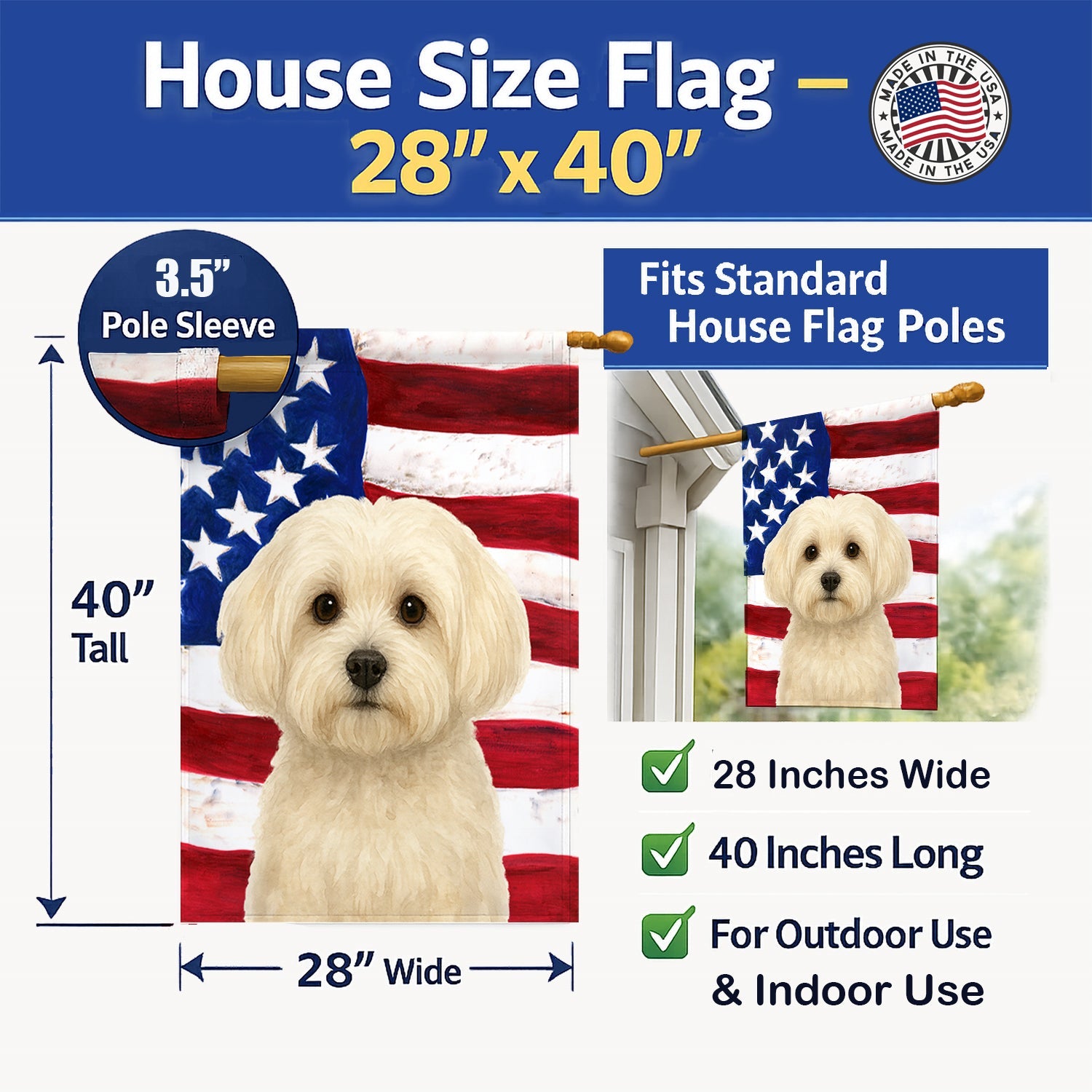 White Havanese American Flag House Flag 28x40 Porch Sleeve Pole Decorative Outside Yard Banner Artwork Wall Hanging, Polyester