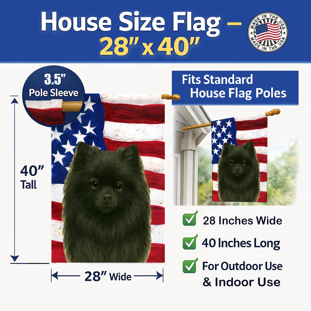 Black Pomeranian American Flag House Flag 28x40 Porch Sleeve Pole Decorative Outside Yard Banner Artwork Wall Hanging, Polyester