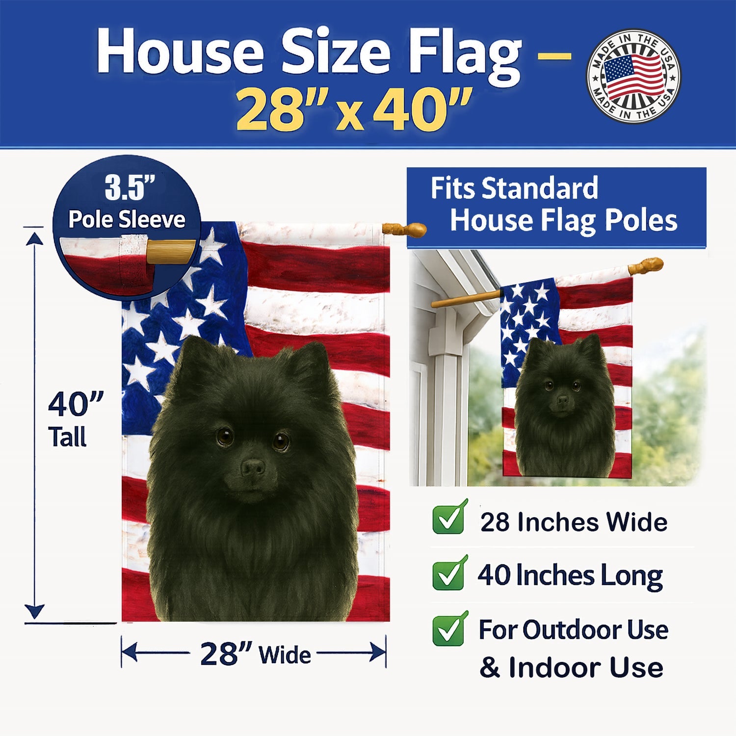 Black Pomeranian American Flag House Flag 28x40 Porch Sleeve Pole Decorative Outside Yard Banner Artwork Wall Hanging, Polyester