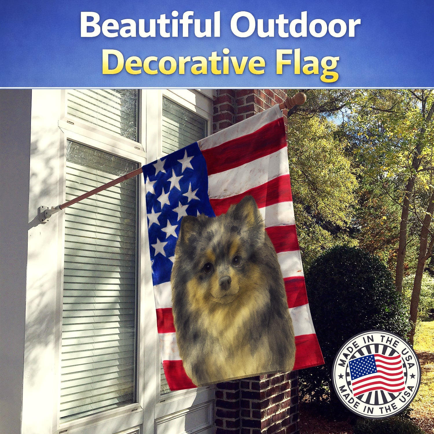 Blue Merle Pomeranian American Flag House Flag 28x40 Porch Sleeve Pole Decorative Outside Yard Banner Artwork Wall Hanging, Polyester