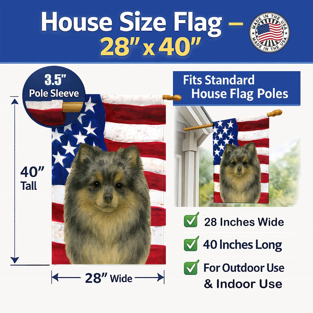 Blue Merle Pomeranian American Flag House Flag 28x40 Porch Sleeve Pole Decorative Outside Yard Banner Artwork Wall Hanging, Polyester