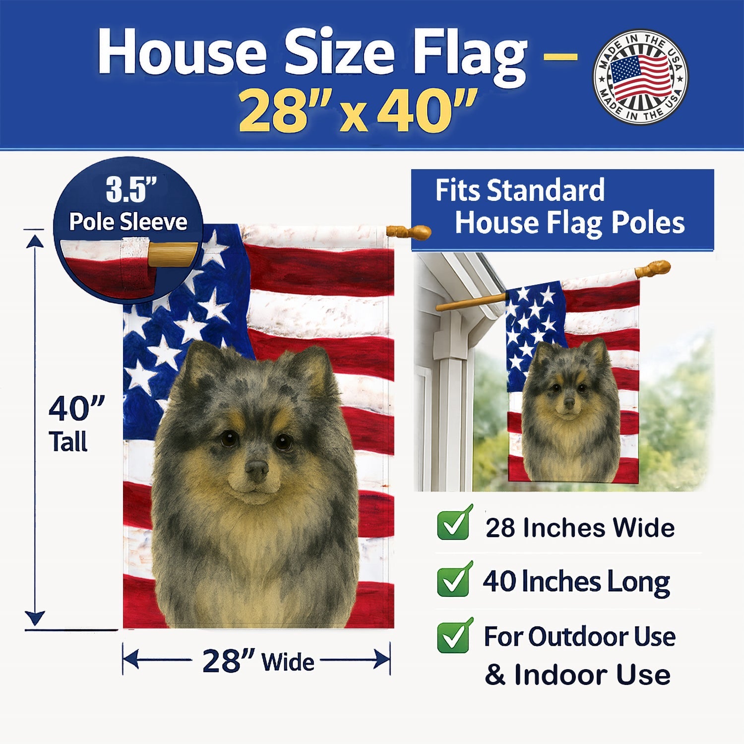Blue Merle Pomeranian American Flag House Flag 28x40 Porch Sleeve Pole Decorative Outside Yard Banner Artwork Wall Hanging, Polyester