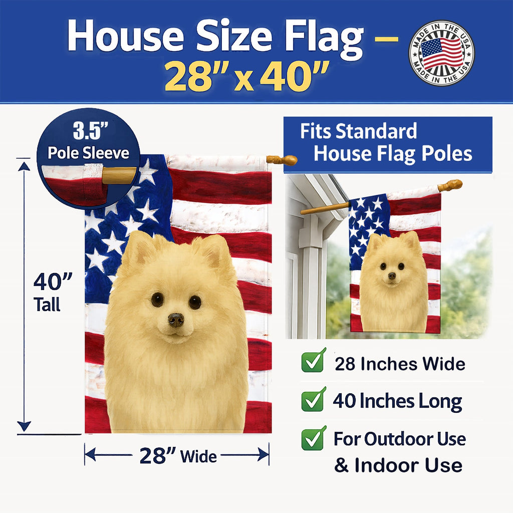 Cream Pomeranian American Flag House Flag 28x40 Porch Sleeve Pole Decorative Outside Yard Banner Artwork Wall Hanging, Polyester