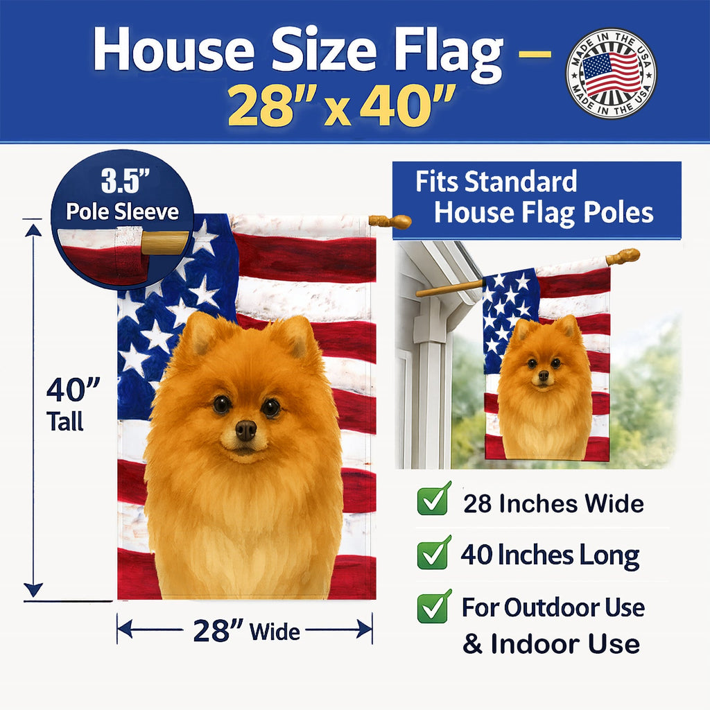 Pomeranian American Flag House Flag 28x40 Porch Sleeve Pole Decorative Outside Yard Banner Artwork Wall Hanging, Polyester
