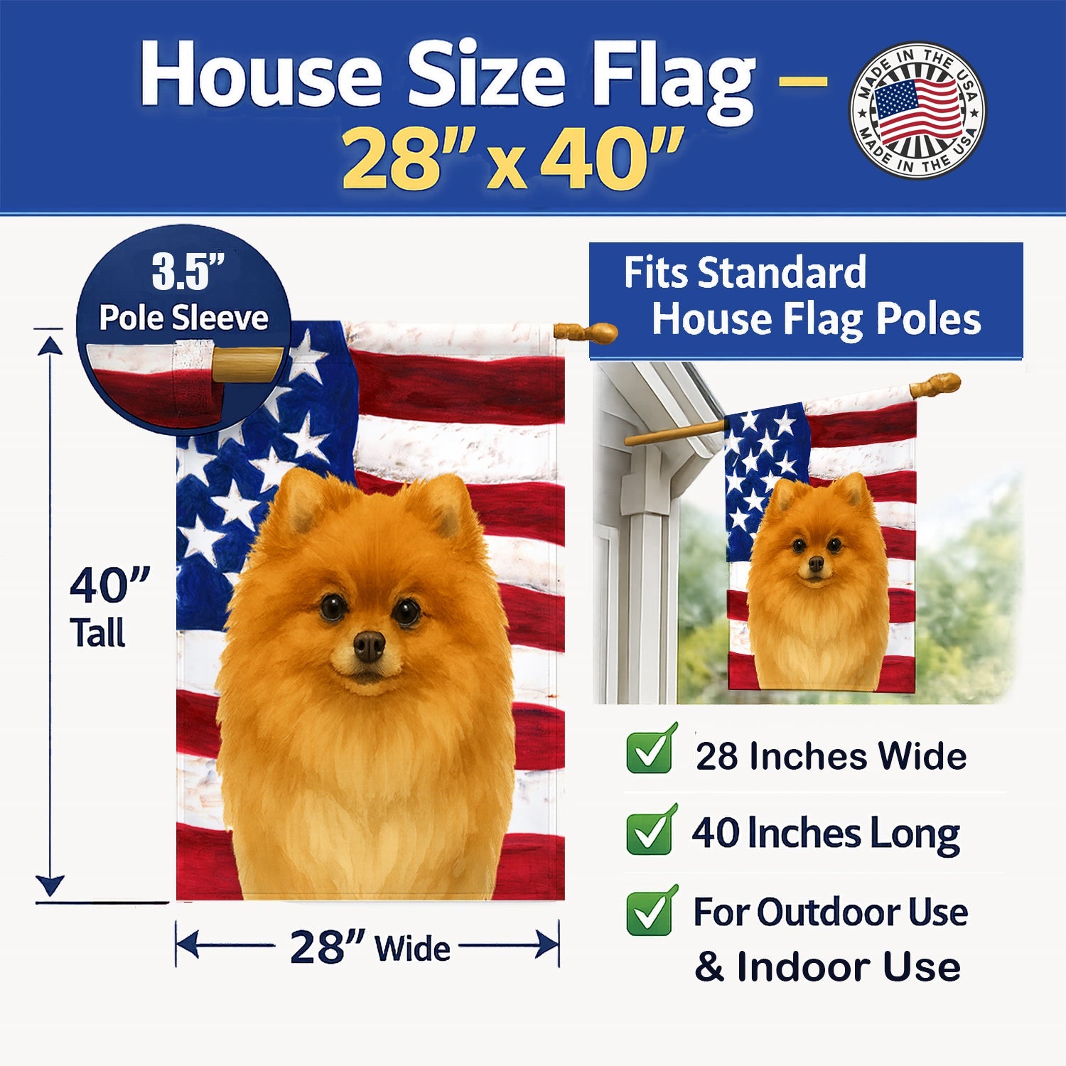 Pomeranian American Flag House Flag 28x40 Porch Sleeve Pole Decorative Outside Yard Banner Artwork Wall Hanging, Polyester