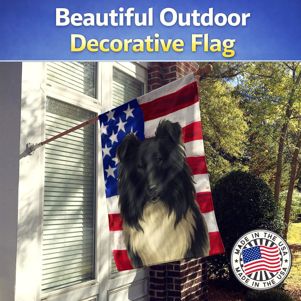 Black and White Sheltie American Flag House Flag 28x40 Porch Sleeve Pole Decorative Outside Yard Banner Artwork Wall Hanging, Polyester