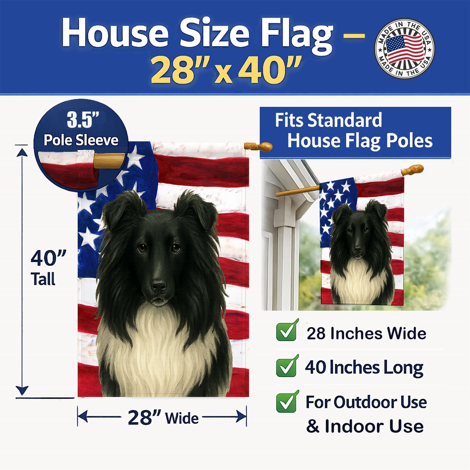 Black and White Sheltie American Flag House Flag 28x40 Porch Sleeve Pole Decorative Outside Yard Banner Artwork Wall Hanging, Polyester