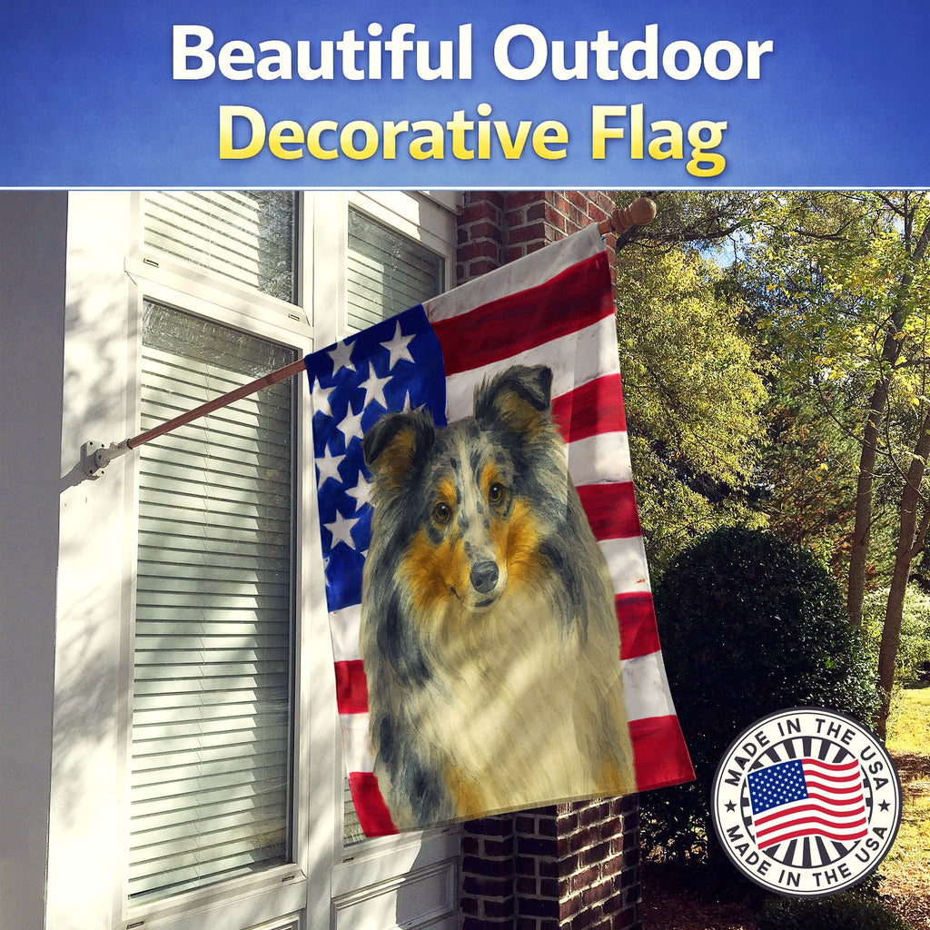 Blue Merle Sheltie American Flag House Flag 28x40 Porch Sleeve Pole Decorative Outside Yard Banner Artwork Wall Hanging, Polyester