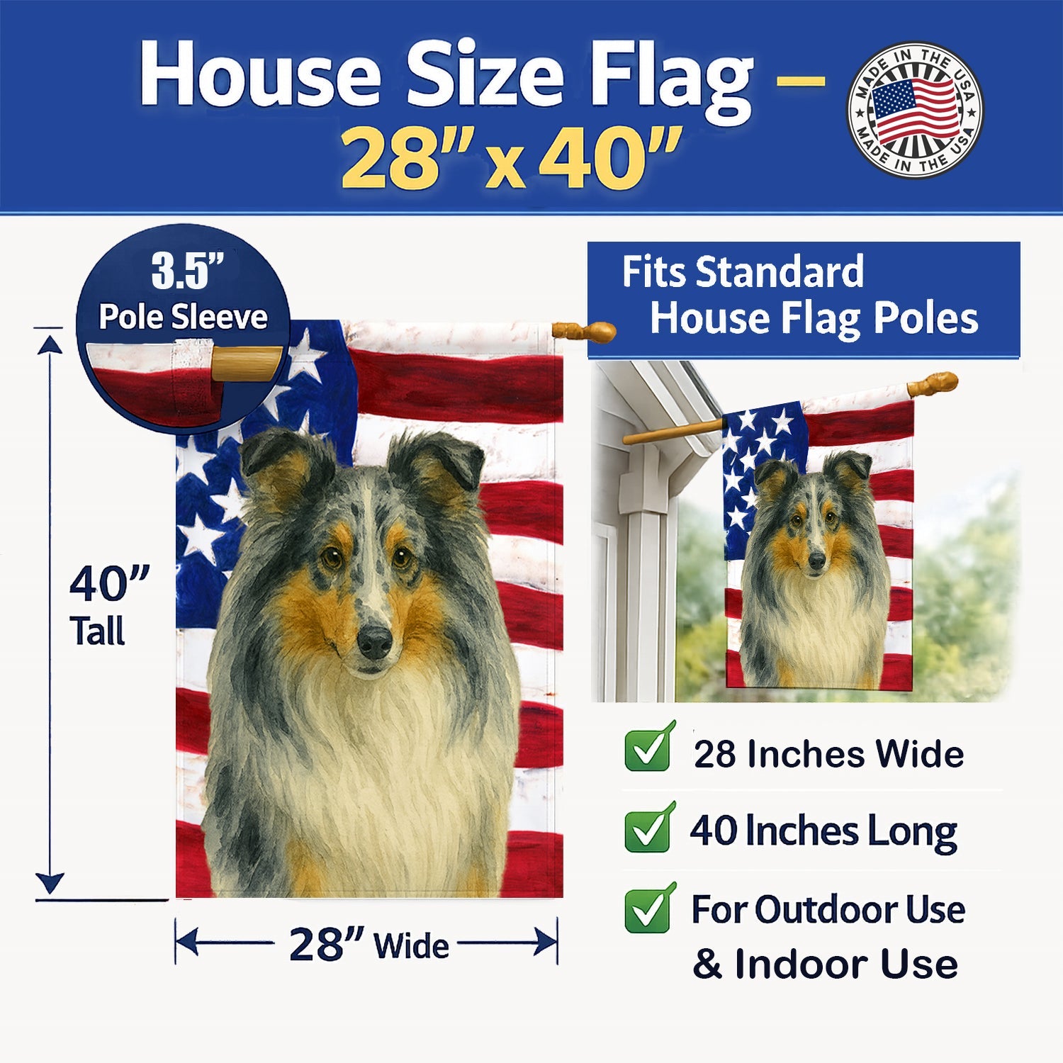 Blue Merle Sheltie American Flag House Flag 28x40 Porch Sleeve Pole Decorative Outside Yard Banner Artwork Wall Hanging, Polyester