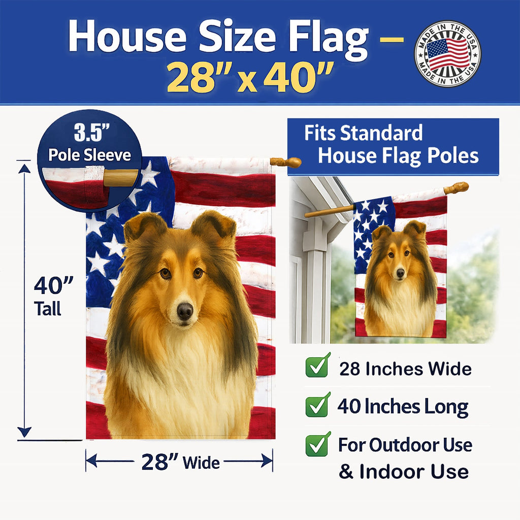 Sheltie American Flag House Flag 28x40 Porch Sleeve Pole Decorative Outside Yard Banner Artwork Wall Hanging, Polyester