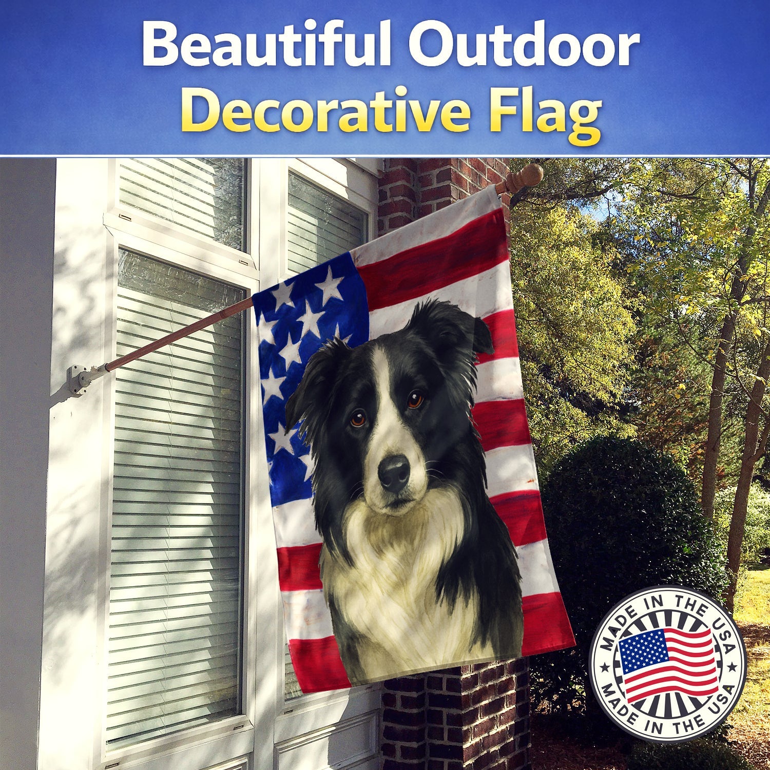 Border Collie American Flag House Flag 28x40 Porch Sleeve Pole Decorative Outside Yard Banner Artwork Wall Hanging, Polyester