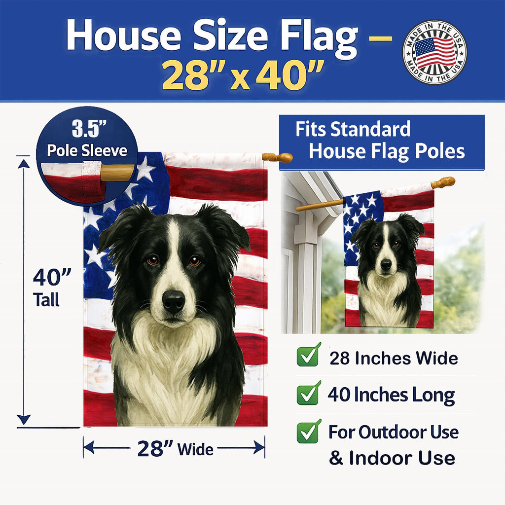 Border Collie American Flag House Flag 28x40 Porch Sleeve Pole Decorative Outside Yard Banner Artwork Wall Hanging, Polyester