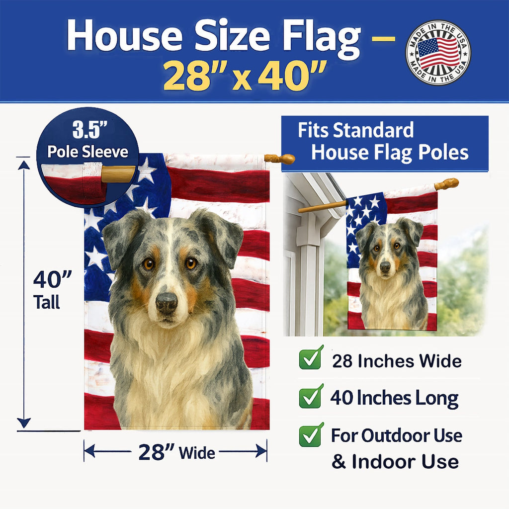 Blue Merle Border Collie American Flag House Flag 28x40 Porch Sleeve Pole Decorative Outside Yard Banner Artwork Wall Hanging, Polyester