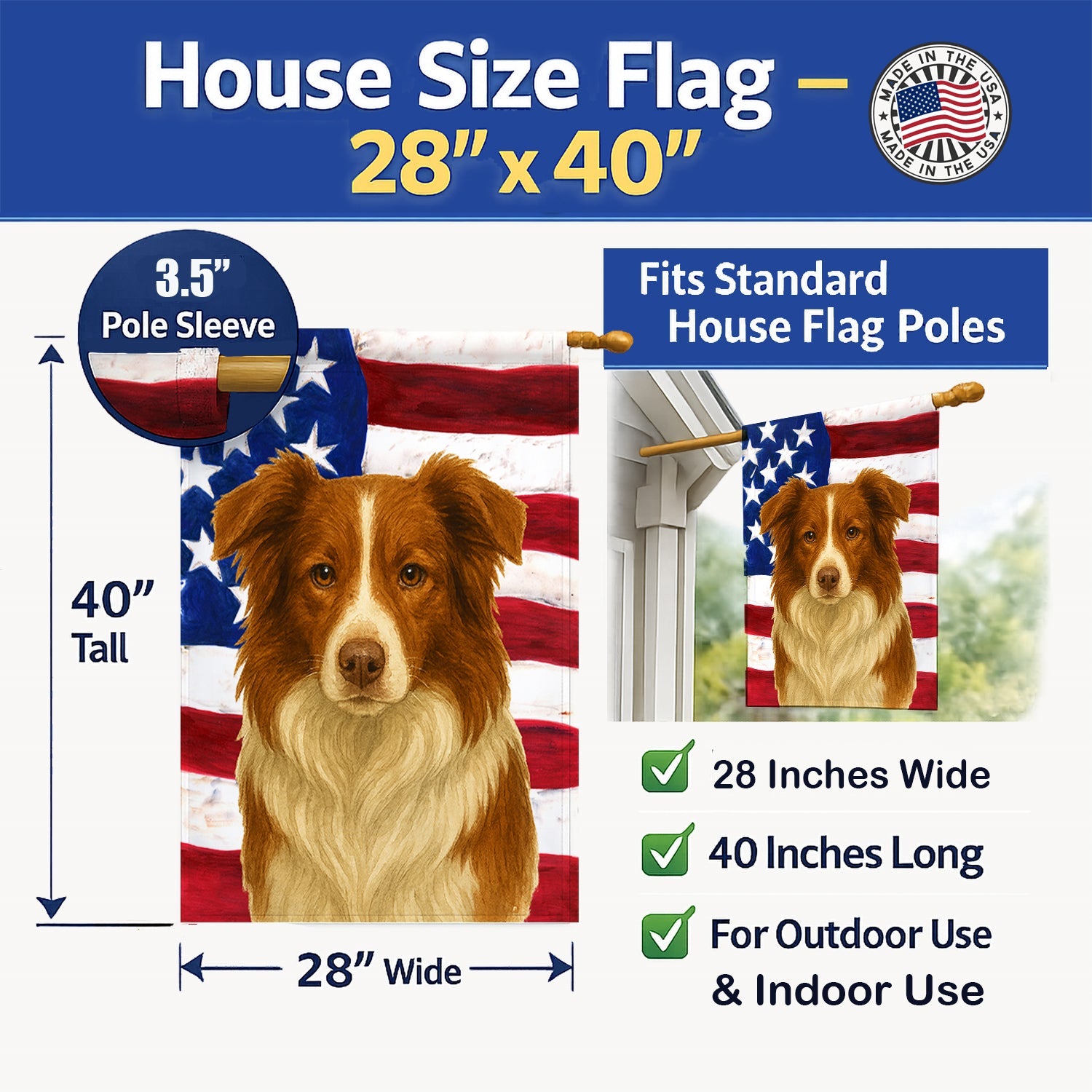 Red and White Border Collie American Flag House Flag 28x40 Porch Sleeve Pole Decorative Outside Yard Banner Artwork Wall Hanging, Polyester
