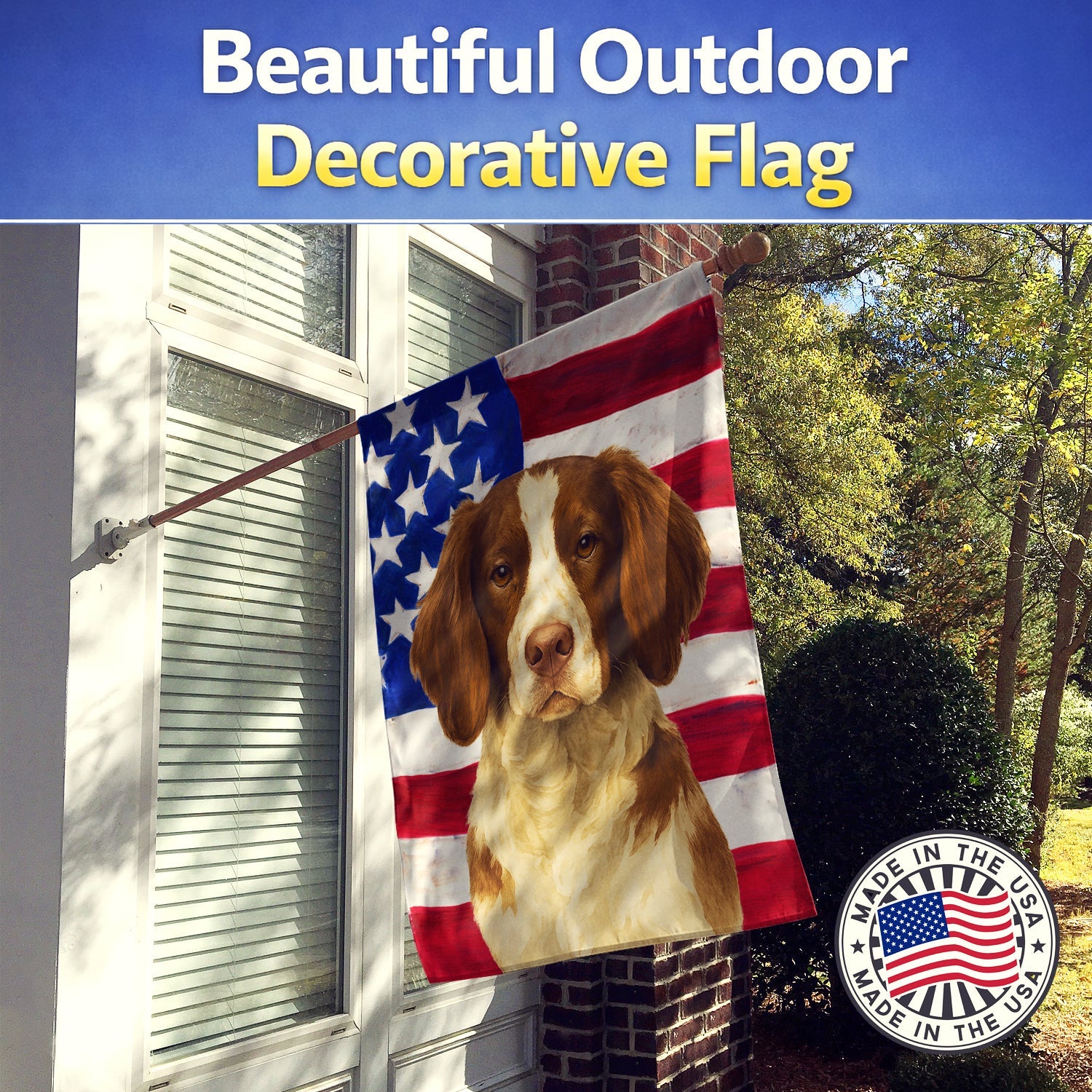 Liver and White Brittany American Flag House Flag 28x40 Porch Sleeve Pole Decorative Outside Yard Banner Artwork Wall Hanging, Polyester