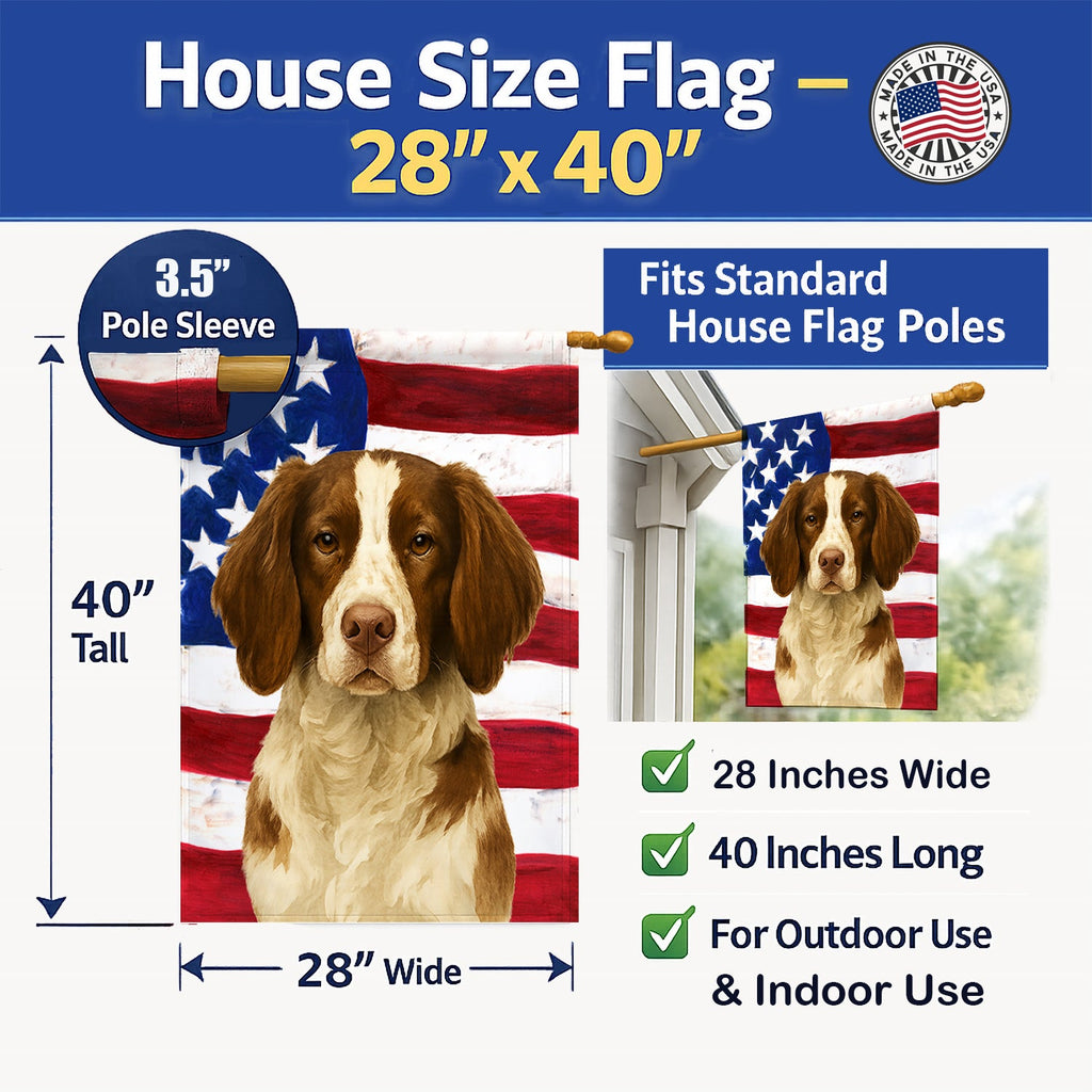 Liver and White Brittany American Flag House Flag 28x40 Porch Sleeve Pole Decorative Outside Yard Banner Artwork Wall Hanging, Polyester