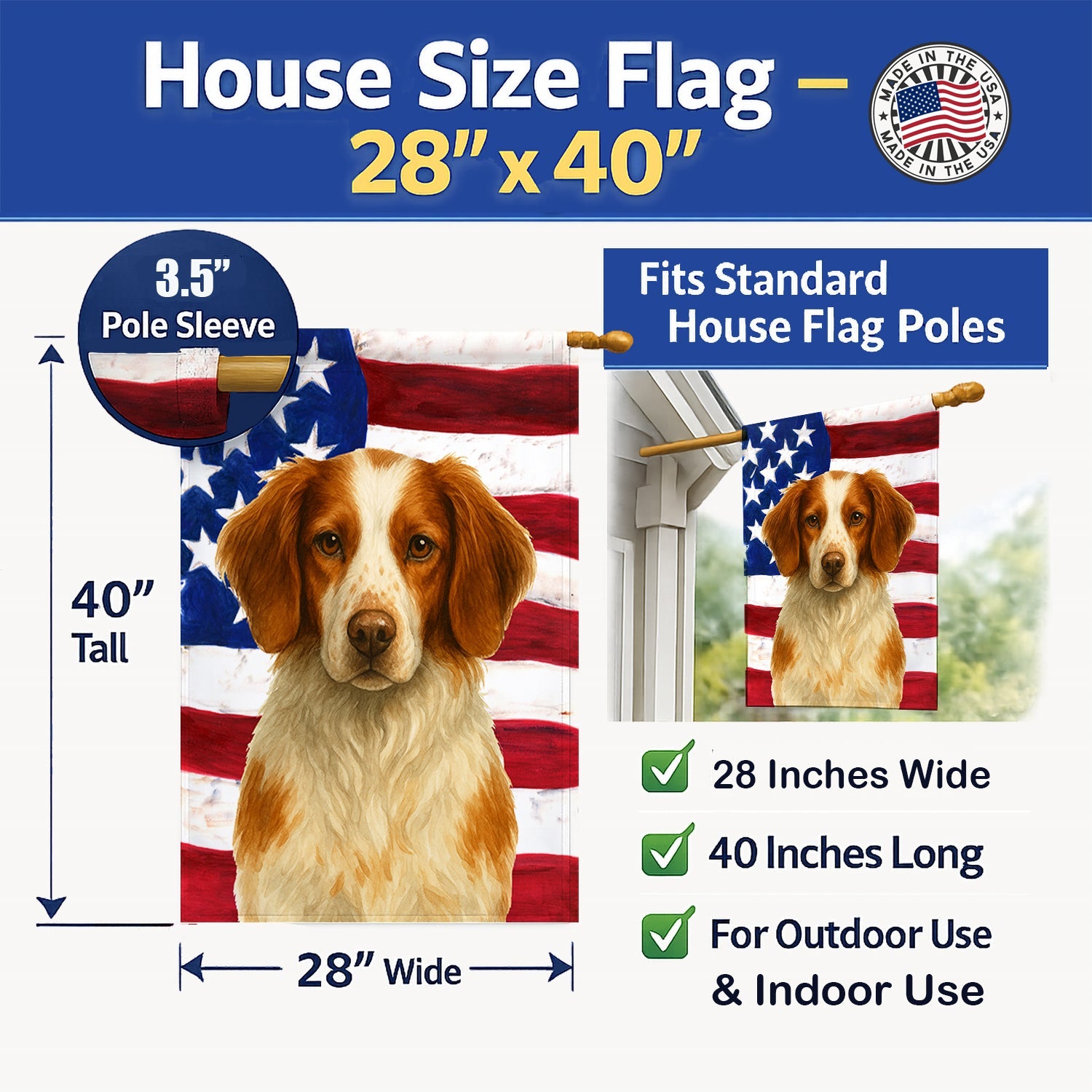 Orange and White Brittany American Flag House Flag 28x40 Porch Sleeve Pole Decorative Outside Yard Banner Artwork Wall Hanging, Polyester