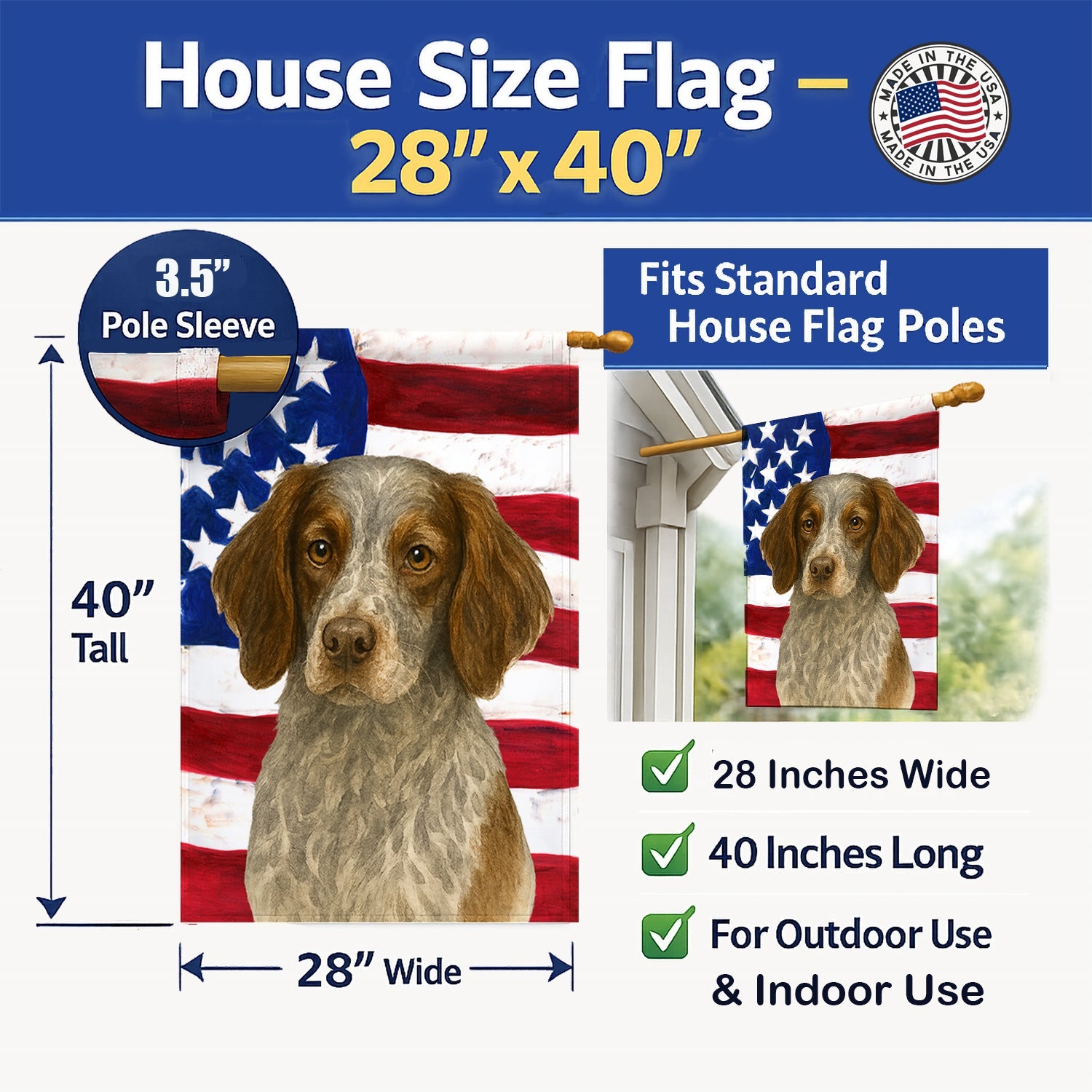 Roan Brittany American Flag House Flag 28x40 Porch Sleeve Pole Decorative Outside Yard Banner Artwork Wall Hanging, Polyester