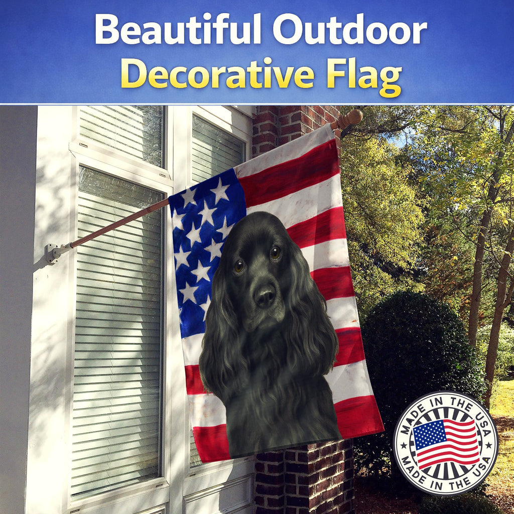 Black Cocker Spaniel American Flag House Flag 28x40 Porch Sleeve Pole Decorative Outside Yard Banner Artwork Wall Hanging, Polyester