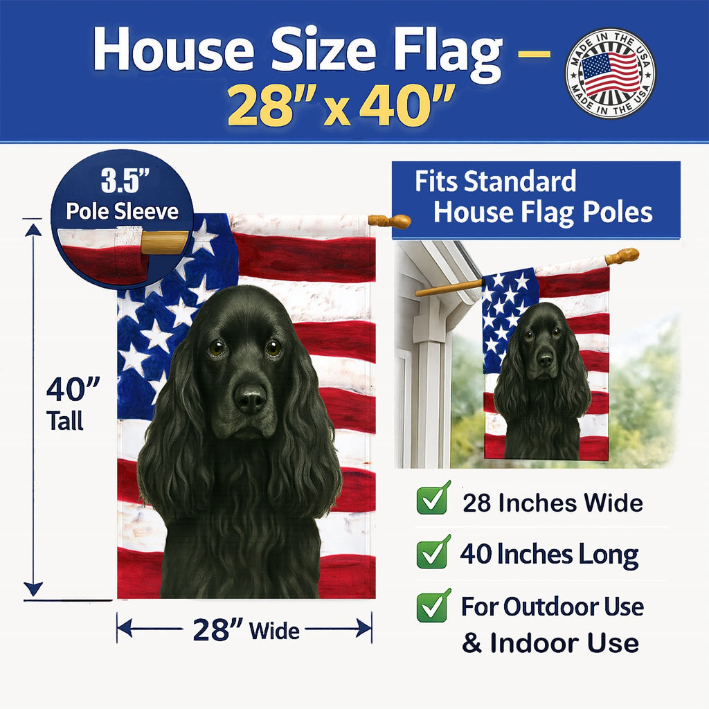 Black Cocker Spaniel American Flag House Flag 28x40 Porch Sleeve Pole Decorative Outside Yard Banner Artwork Wall Hanging, Polyester