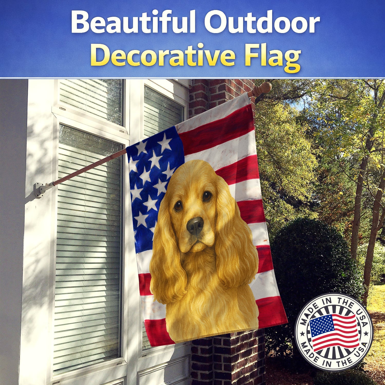 Buff Cocker Spaniel American Flag House Flag 28x40 Porch Sleeve Pole Decorative Outside Yard Banner Artwork Wall Hanging, Polyester