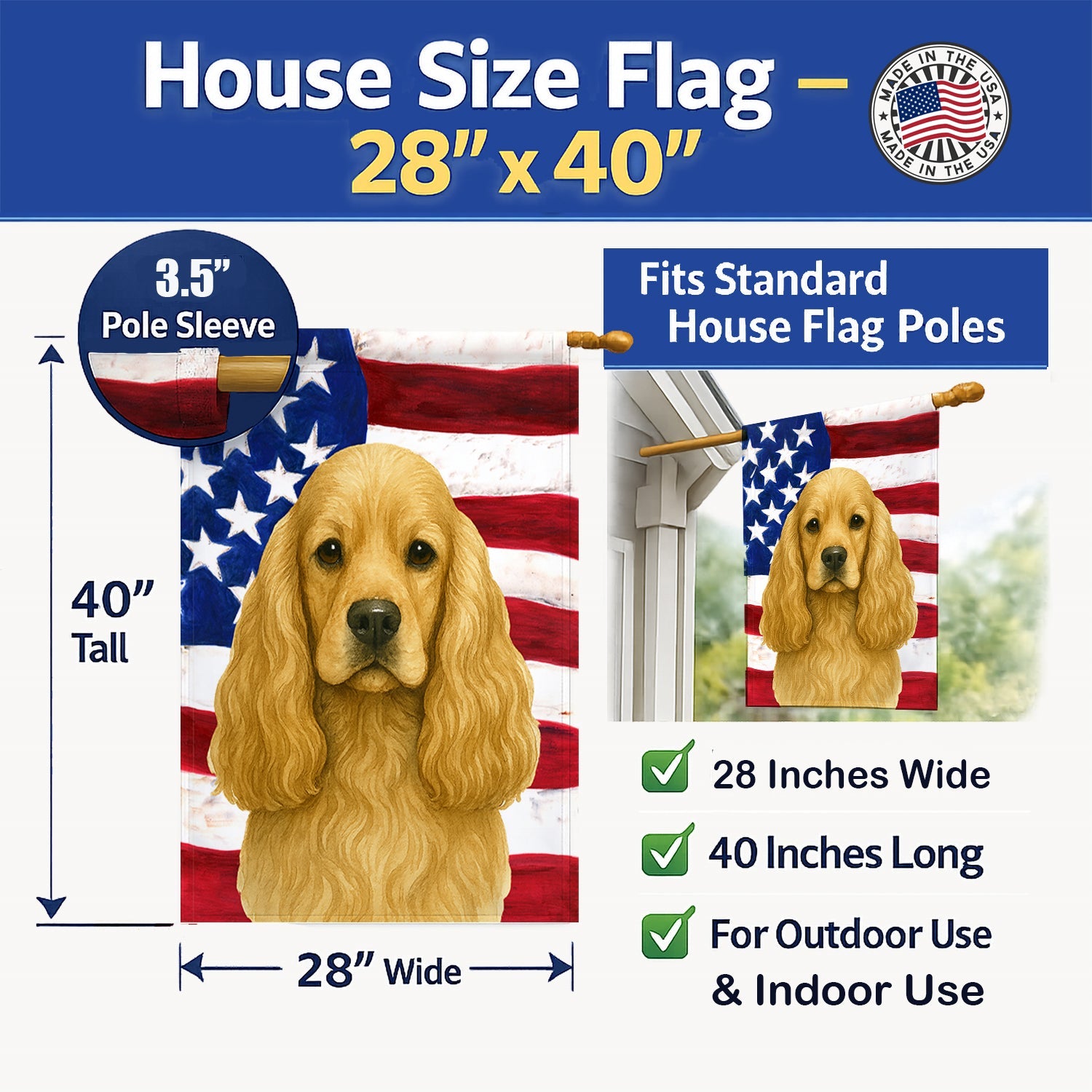 Buff Cocker Spaniel American Flag House Flag 28x40 Porch Sleeve Pole Decorative Outside Yard Banner Artwork Wall Hanging, Polyester