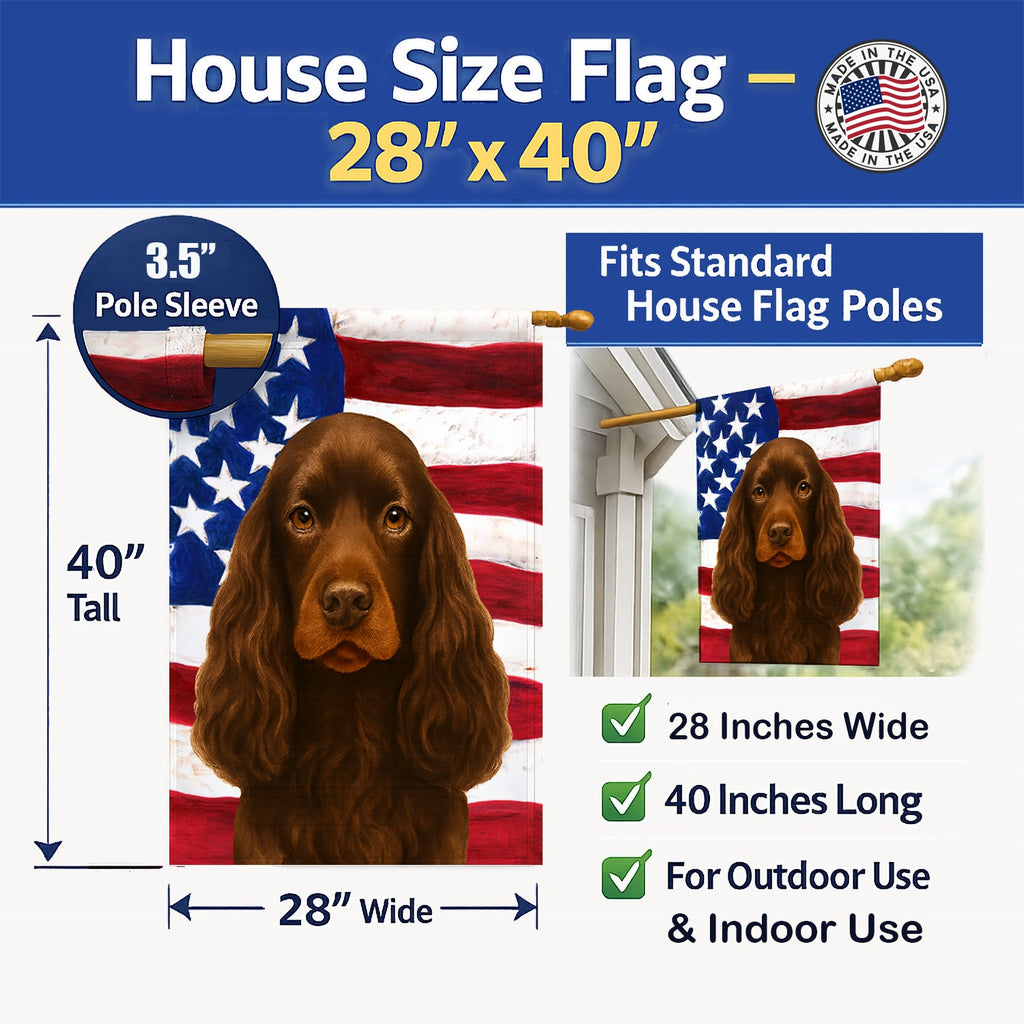 Chocolate Cocker Spaniel American Flag House Flag 28x40 Porch Sleeve Pole Decorative Outside Yard Banner Artwork Wall Hanging, Polyester