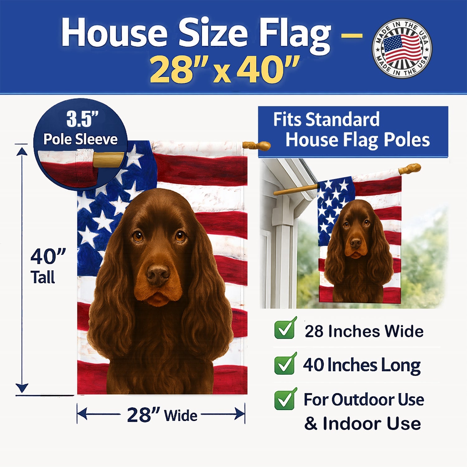 Chocolate Cocker Spaniel American Flag House Flag 28x40 Porch Sleeve Pole Decorative Outside Yard Banner Artwork Wall Hanging, Polyester