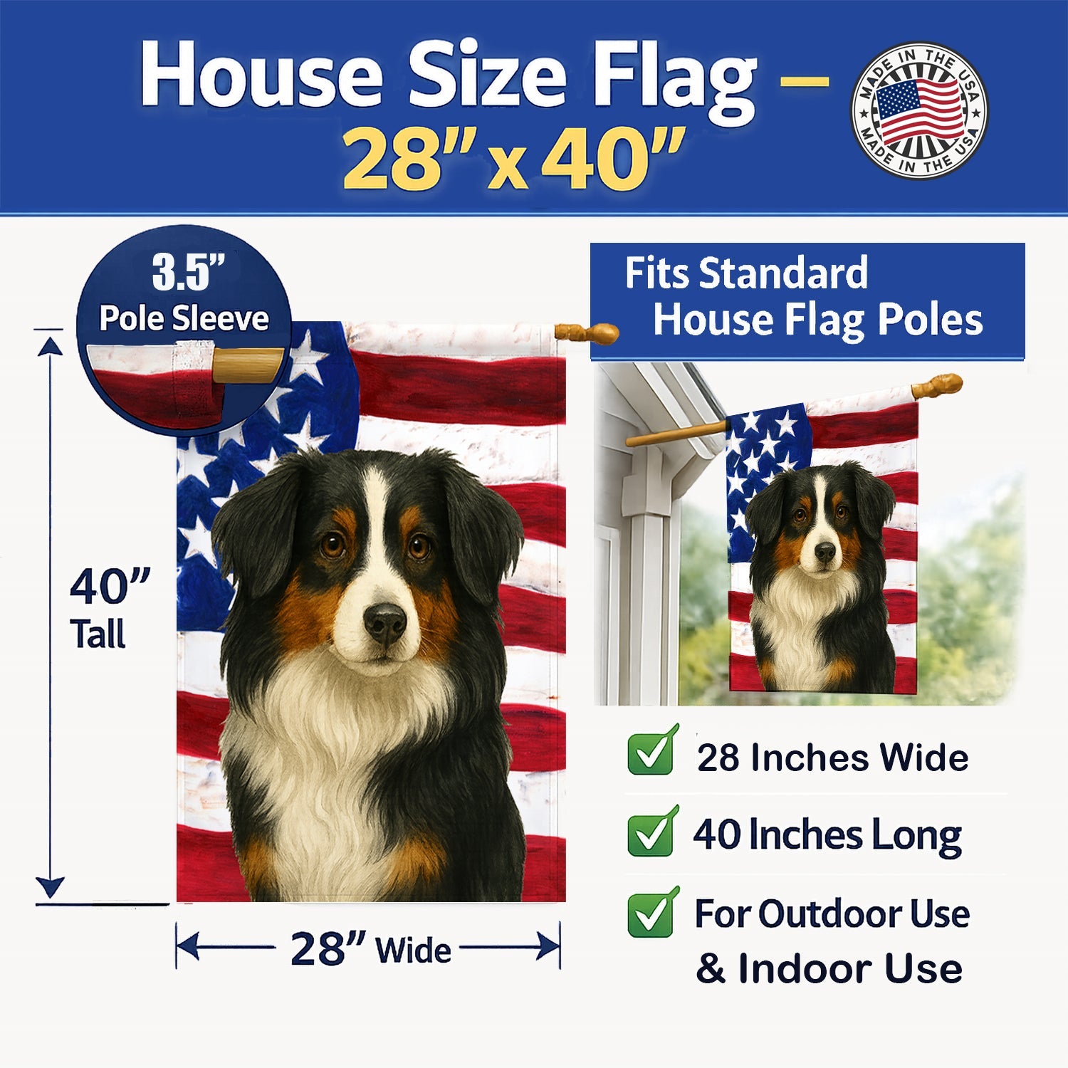 Black Tri American Shepherd American Flag House Flag 28x40 Porch Sleeve Pole Decorative Outside Yard Banner Artwork Wall Hanging, Polyester