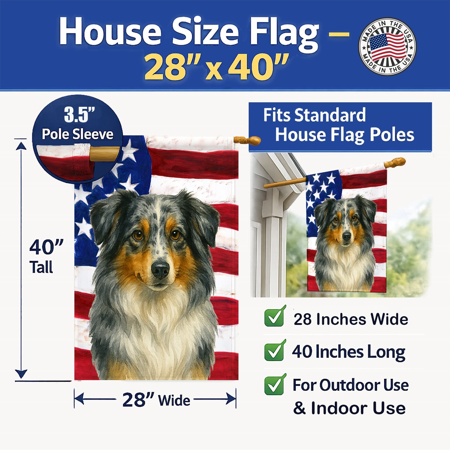 Blue Merle American Shepherd American Flag House Flag 28x40 Porch Sleeve Pole Decorative Outside Yard Banner Artwork Wall Hanging, Polyester