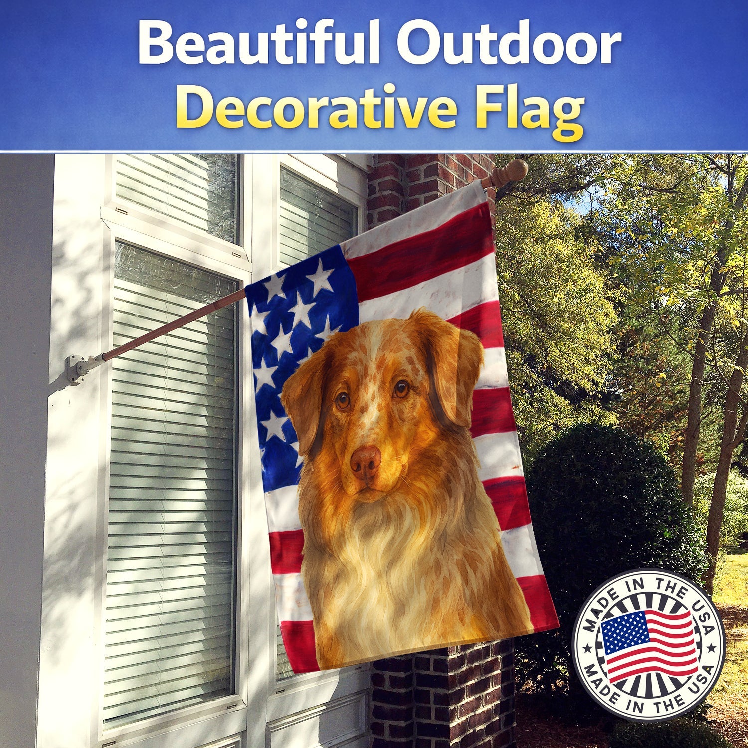 Red Merle American Shepherd American Flag House Flag 28x40 Porch Sleeve Pole Decorative Outside Yard Banner Artwork Wall Hanging, Polyester
