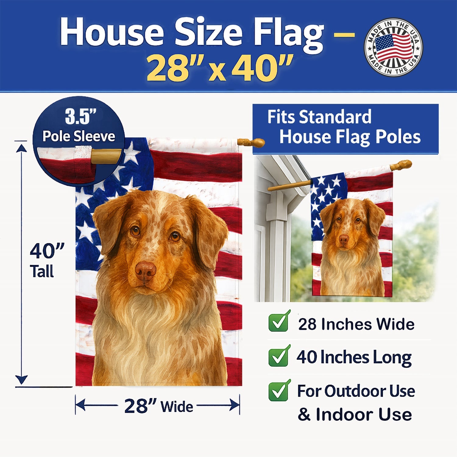 Red Merle American Shepherd American Flag House Flag 28x40 Porch Sleeve Pole Decorative Outside Yard Banner Artwork Wall Hanging, Polyester