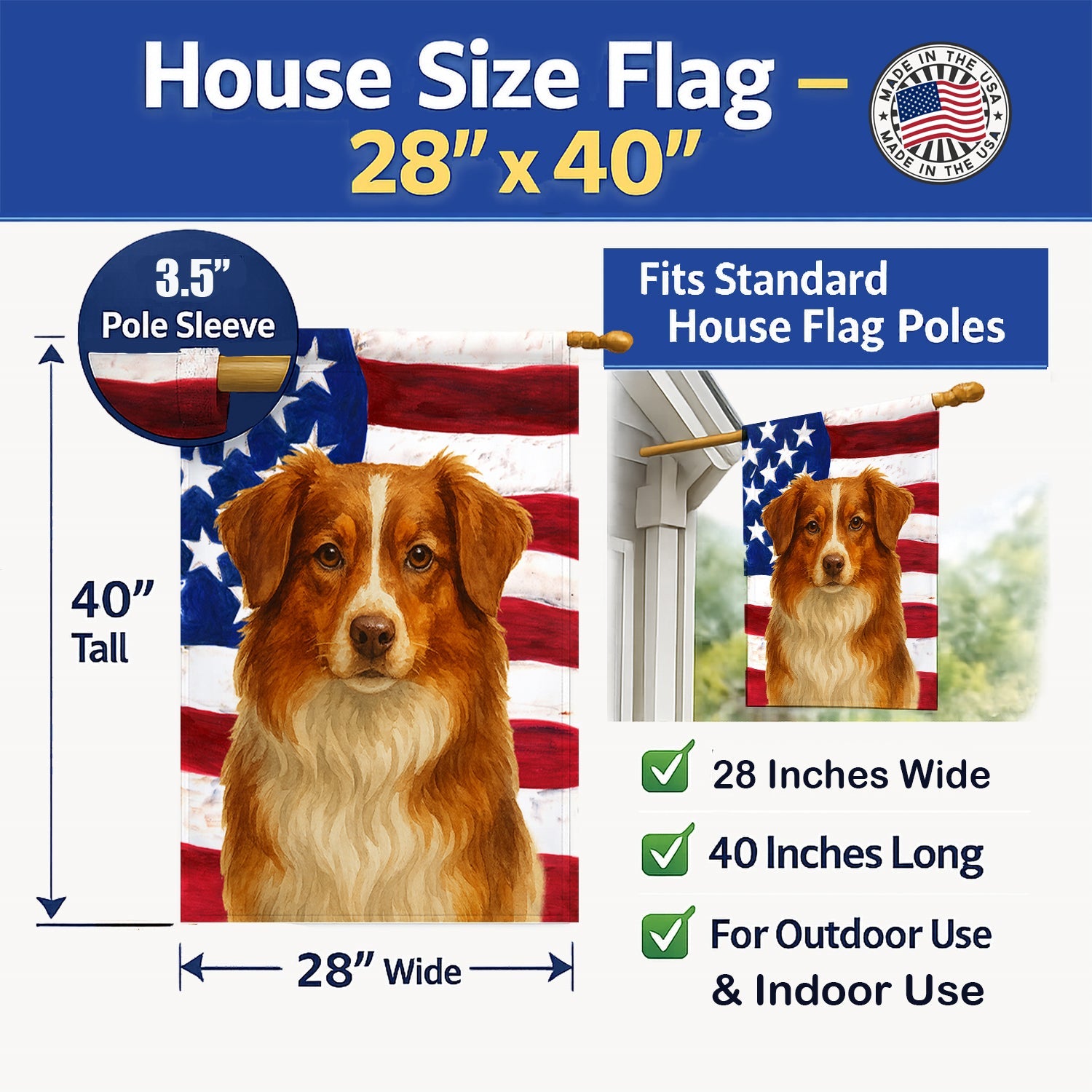 Red Tri American ShepherdAmerican Flag House Flag 28x40 Porch Sleeve Pole Decorative Outside Yard Banner Artwork Wall Hanging, Polyester