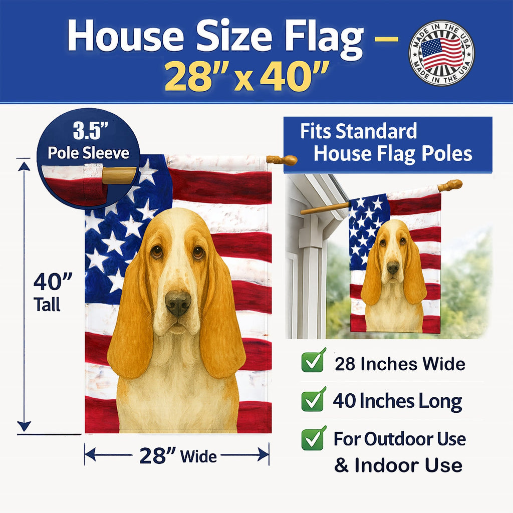 Lemon and White Basset Hound American Flag House Flag 28x40 Porch Sleeve Pole Decorative Outside Yard Banner Artwork Wall Hanging, Polyester