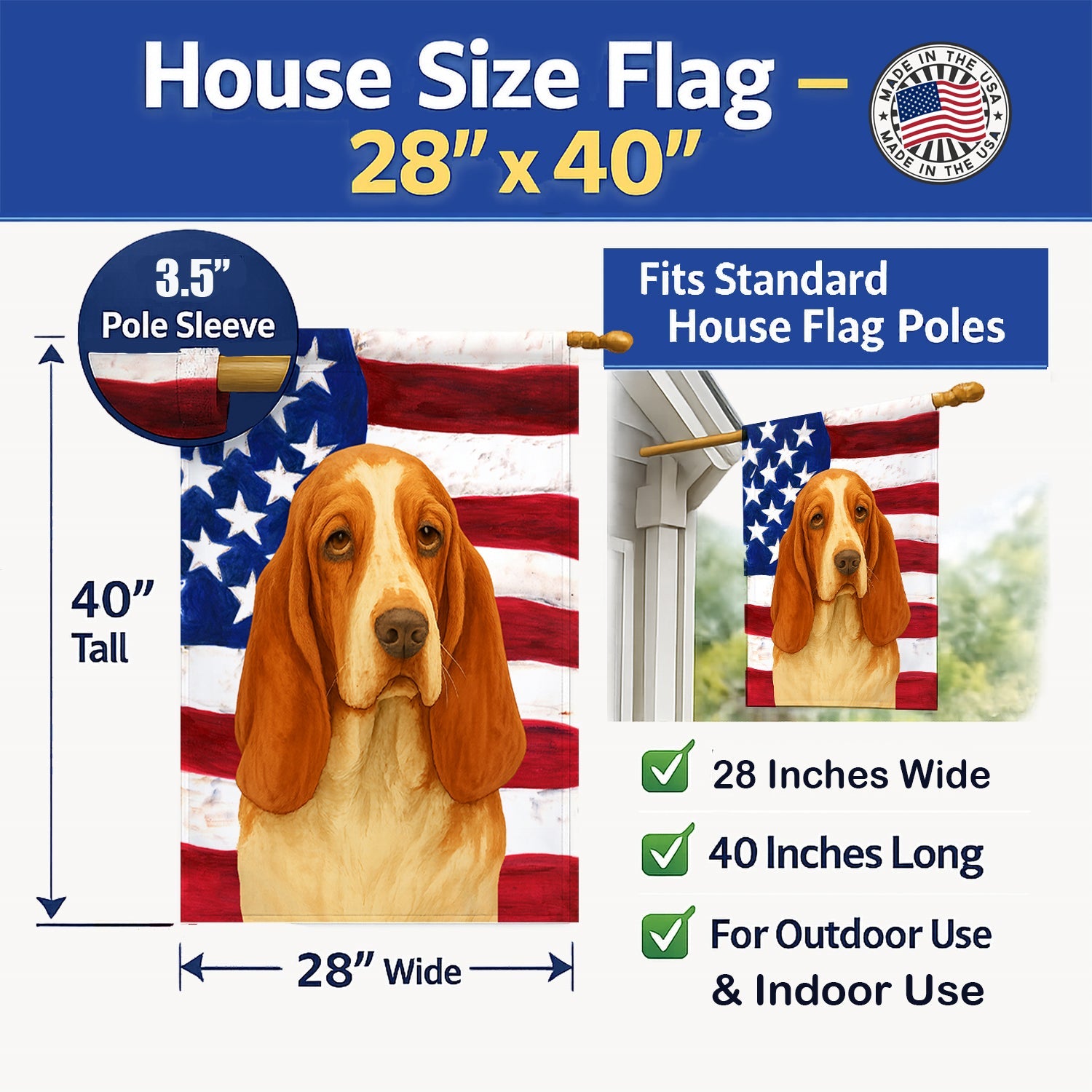 Red and White Basset Hound American Flag House Flag 28x40 Porch Sleeve Pole Decorative Outside Yard Banner Artwork Wall Hanging, Polyester