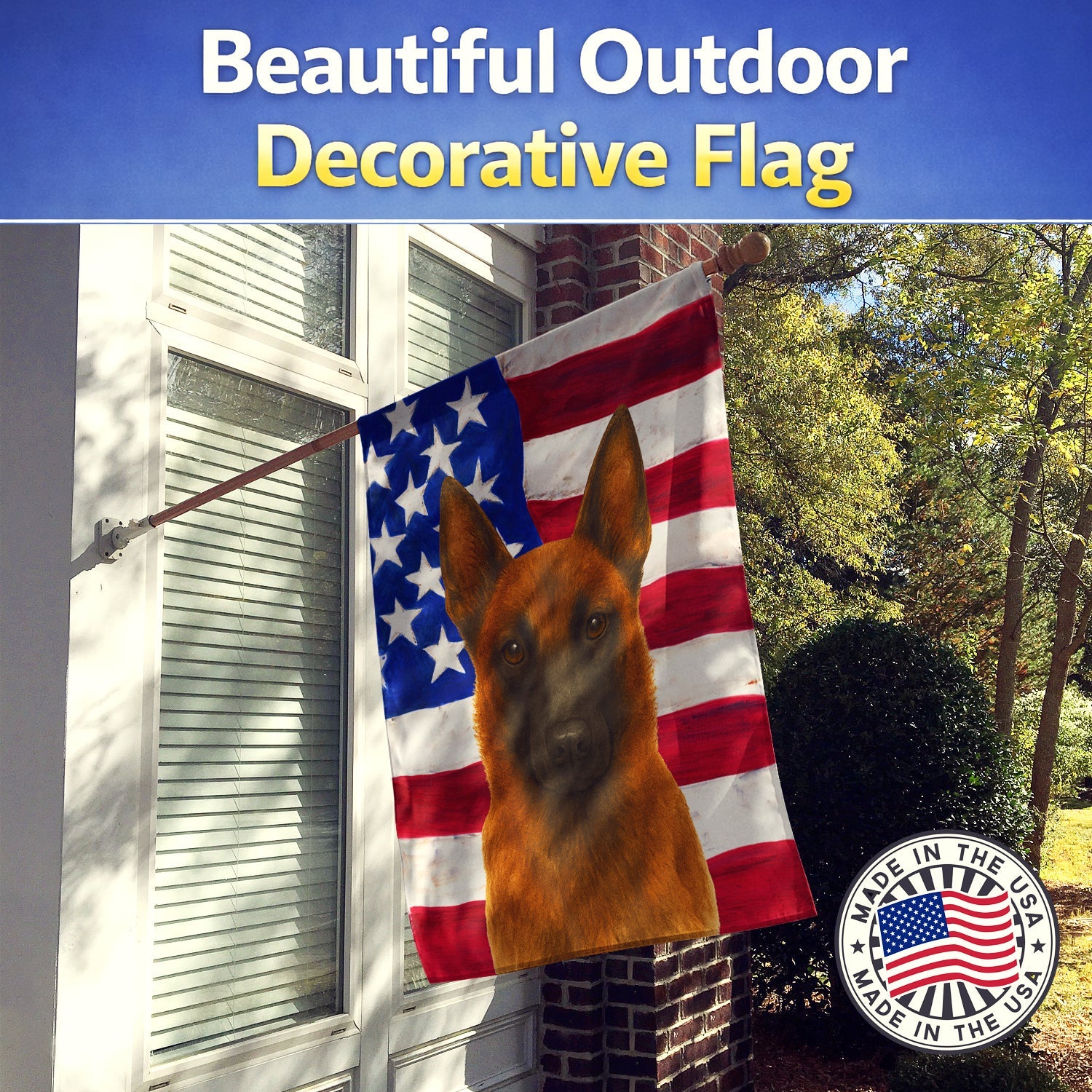 Mahogany Belgian Malinois American Flag House Flag 28x40 Porch Sleeve Pole Decorative Outside Yard Banner Artwork Wall Hanging, Polyester