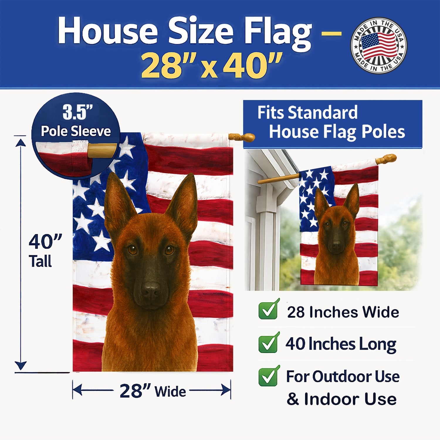 Mahogany Belgian Malinois American Flag House Flag 28x40 Porch Sleeve Pole Decorative Outside Yard Banner Artwork Wall Hanging, Polyester