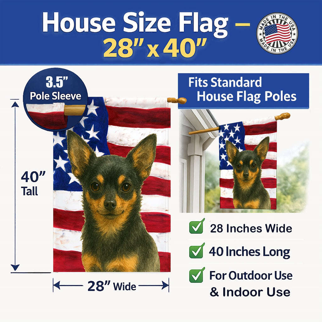 Black and Tan Chihuahua American Flag House Flag 28x40 Porch Sleeve Pole Decorative Outside Yard Banner Artwork Wall Hanging, Polyester