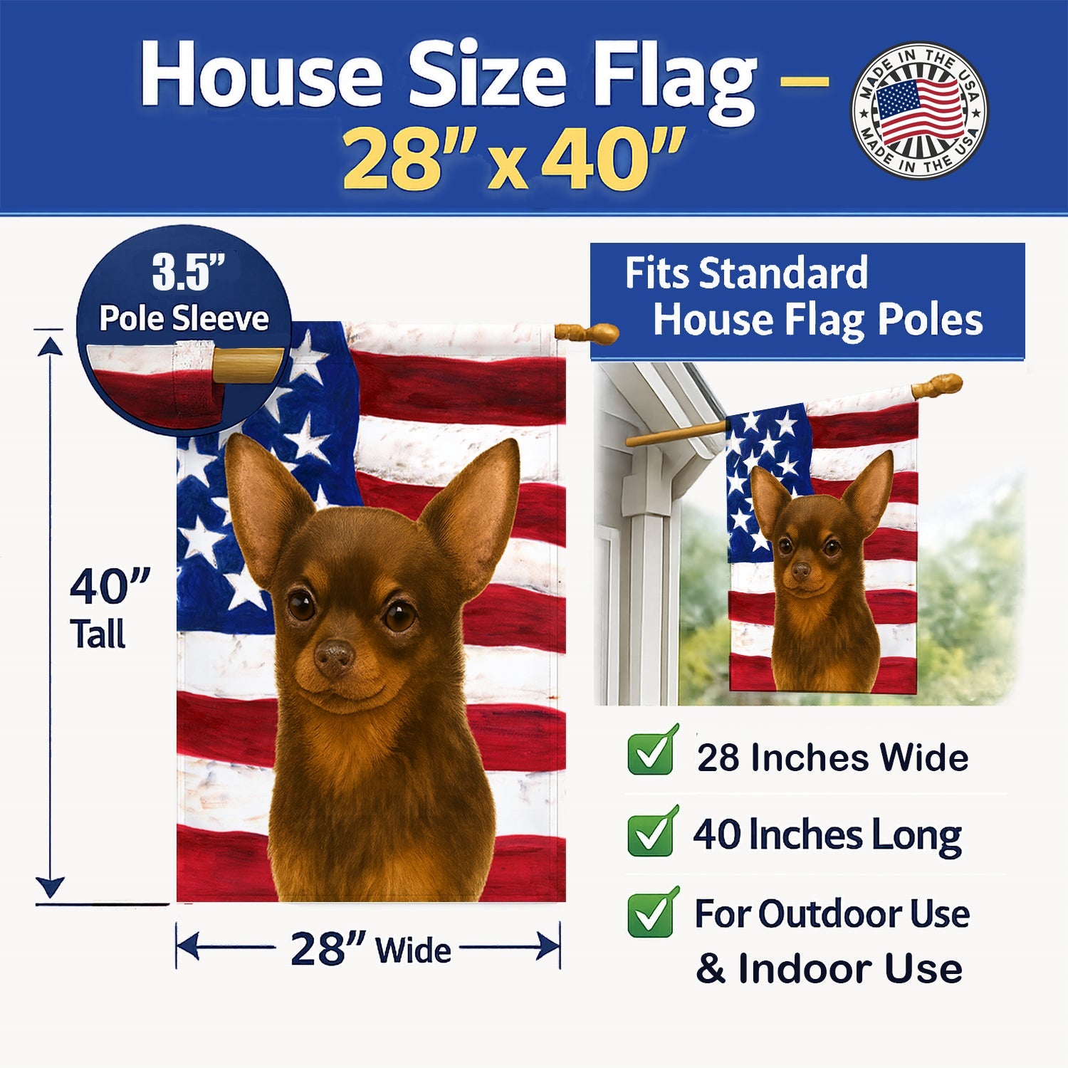 Chocolate Chihuahua American Flag House Flag 28x40 Porch Sleeve Pole Decorative Outside Yard Banner Artwork Wall Hanging, Polyester