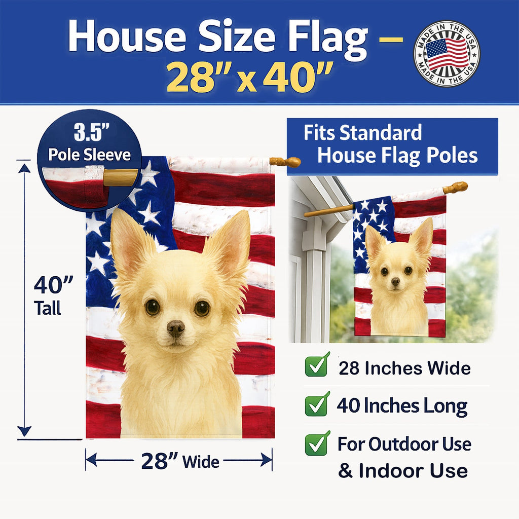 Cream Chihuahua American Flag House Flag 28x40 Porch Sleeve Pole Decorative Outside Yard Banner Artwork Wall Hanging, Polyester