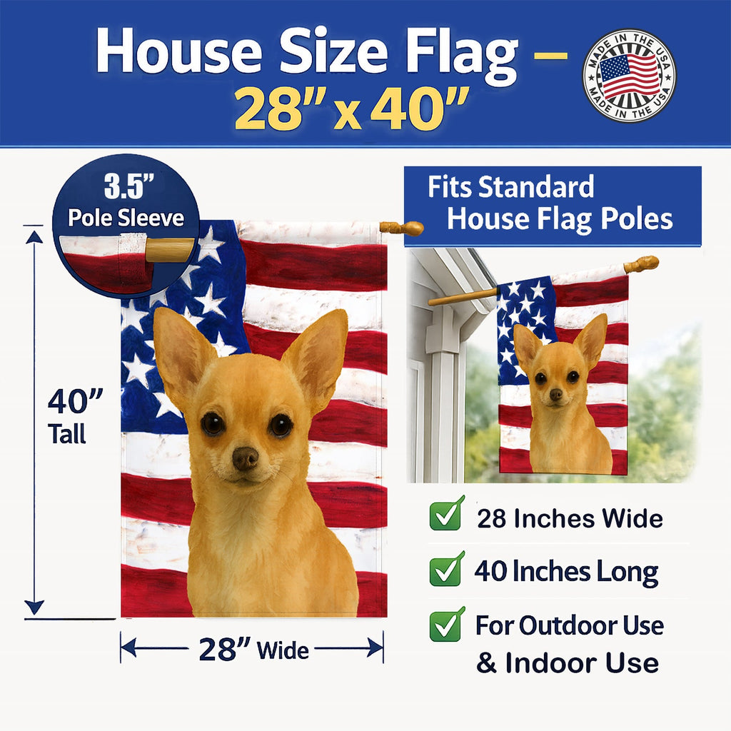 Fawn Chihuahua American Flag House Flag 28x40 Porch Sleeve Pole Decorative Outside Yard Banner Artwork Wall Hanging, Polyester
