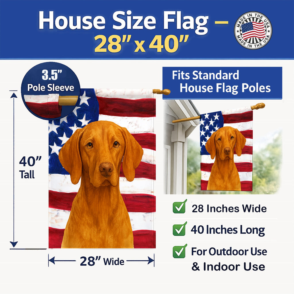 Vizsla American Flag House Flag 28x40 Porch Sleeve Pole Decorative Outside Yard Banner Artwork Wall Hanging, Polyester