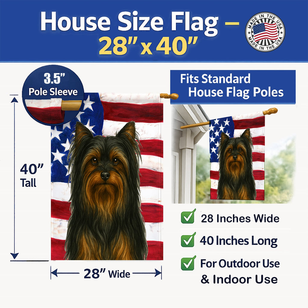 Black and Tan Longhaired Yorkshire Terrier American Flag House Flag 28x40 Porch Sleeve Pole Decorative Outside Yard Banner Artwork Wall Hanging, Polyester