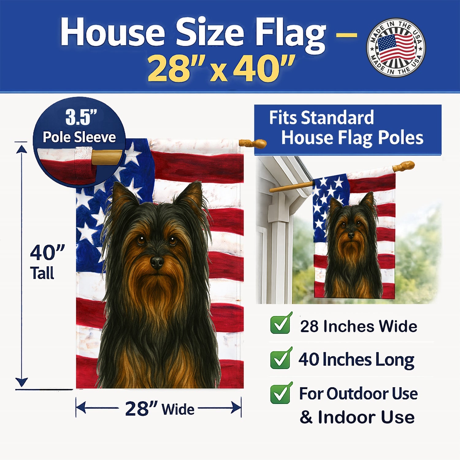Black and Tan Longhaired Yorkshire Terrier American Flag House Flag 28x40 Porch Sleeve Pole Decorative Outside Yard Banner Artwork Wall Hanging, Polyester