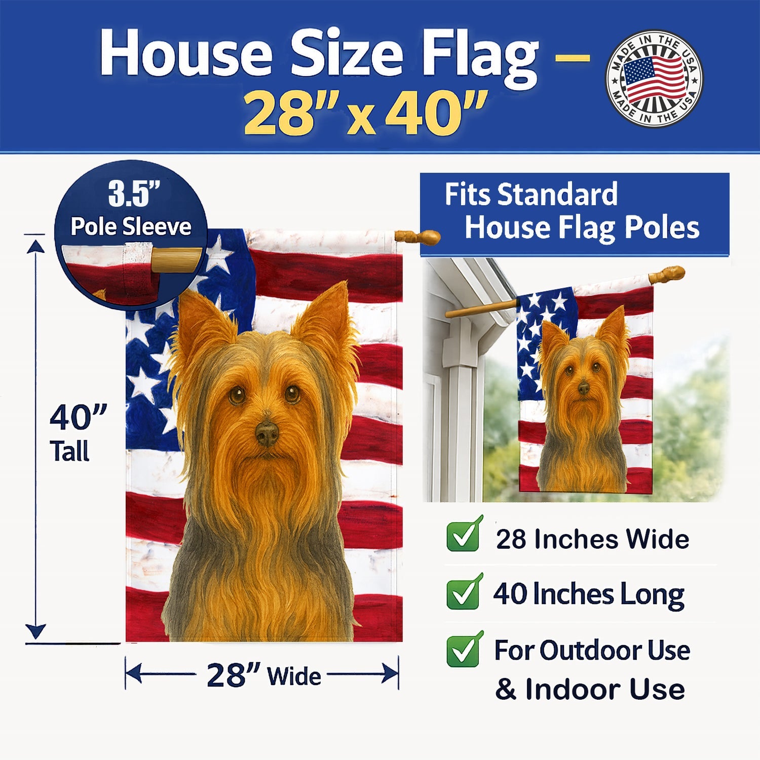 Blue and Tan Longhaired Yorkshire Terrier American Flag House Flag 28x40 Porch Sleeve Pole Decorative Outside Yard Banner Artwork Wall Hanging, Polyester