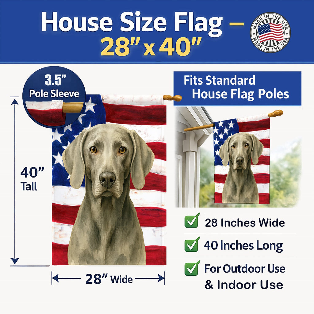 Weimaraner American Flag House Flag 28x40 Porch Sleeve Pole Decorative Outside Yard Banner Artwork Wall Hanging, Polyester