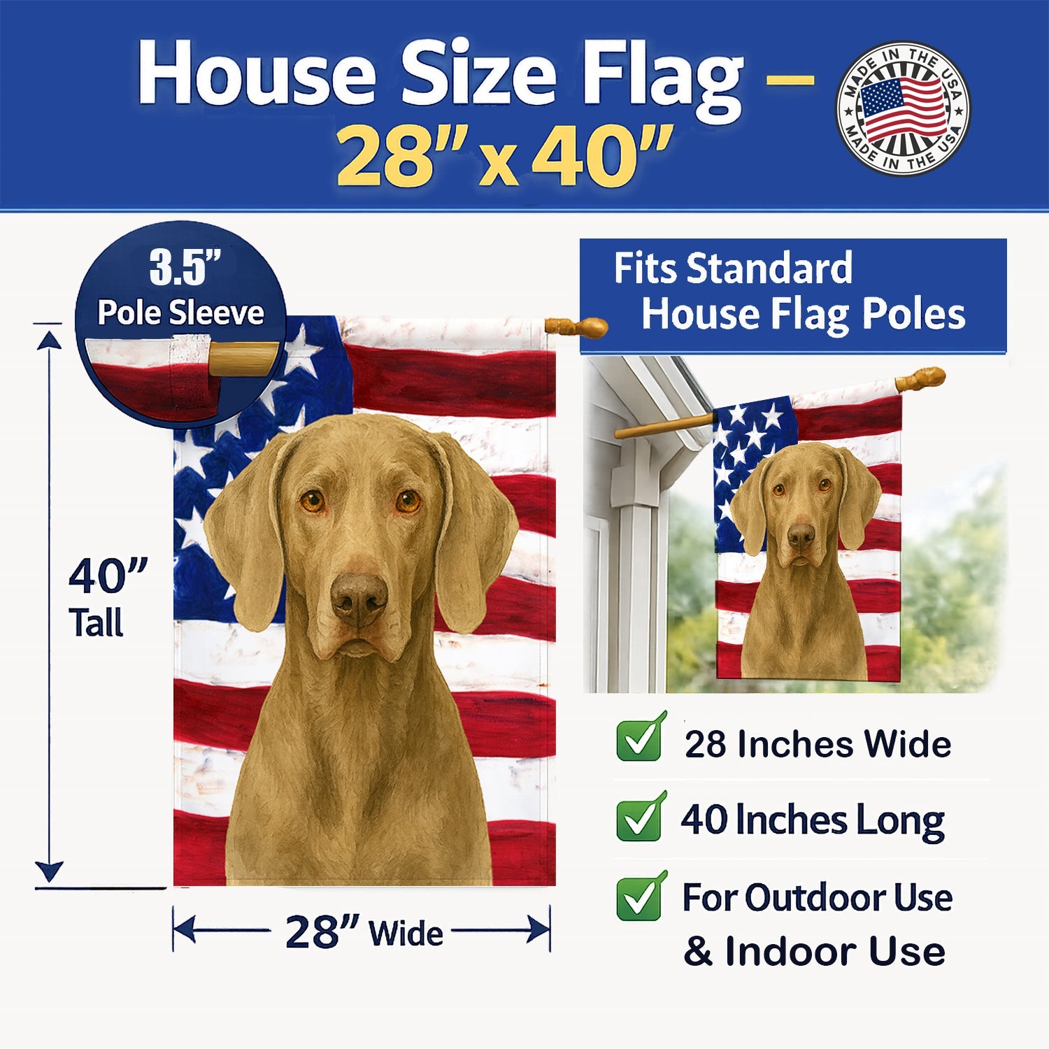 Silver Gray Weimaraner American Flag House Flag 28x40 Porch Sleeve Pole Decorative Outside Yard Banner Artwork Wall Hanging, Polyester