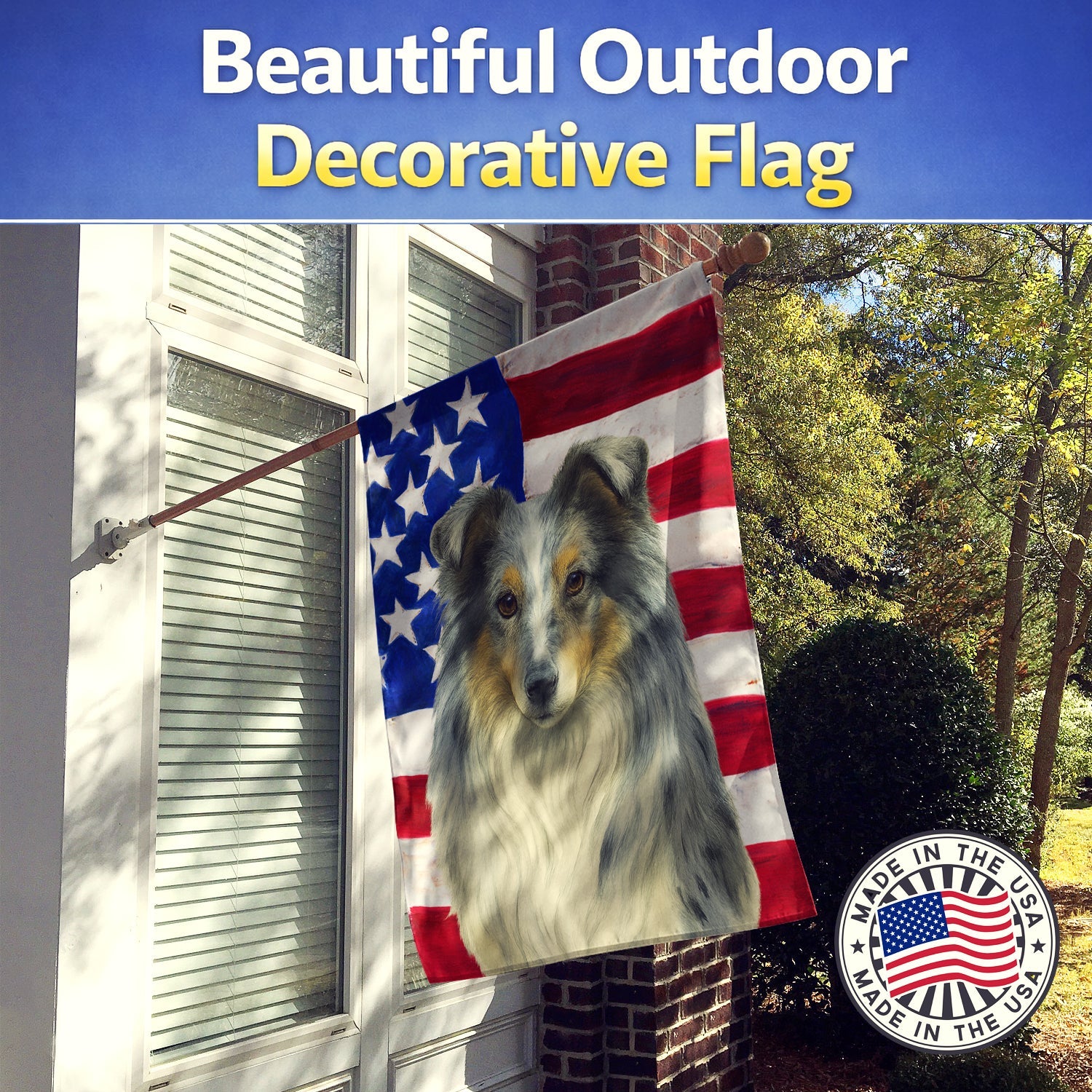 Blue Merle Collie American Flag House Flag 28x40 Porch Sleeve Pole Decorative Outside Yard Banner Artwork Wall Hanging, Polyester