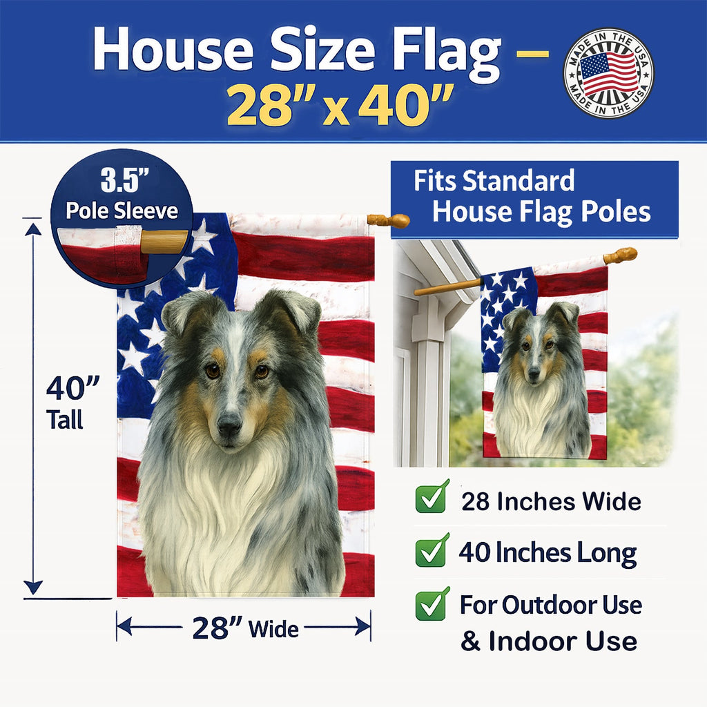 Blue Merle Collie American Flag House Flag 28x40 Porch Sleeve Pole Decorative Outside Yard Banner Artwork Wall Hanging, Polyester