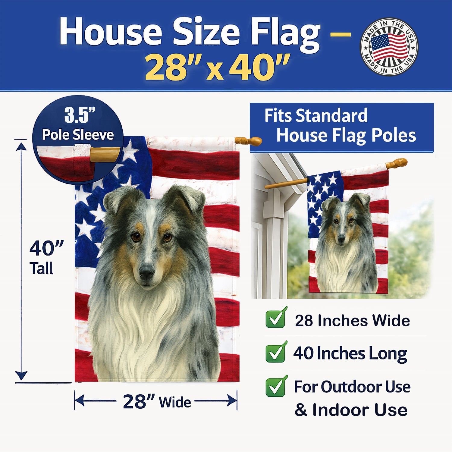 Blue Merle Collie American Flag House Flag 28x40 Porch Sleeve Pole Decorative Outside Yard Banner Artwork Wall Hanging, Polyester